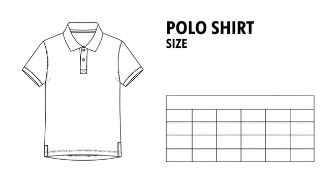 polo shirt technical drawing showcasing design specifications and a blank size chart template for apparel.