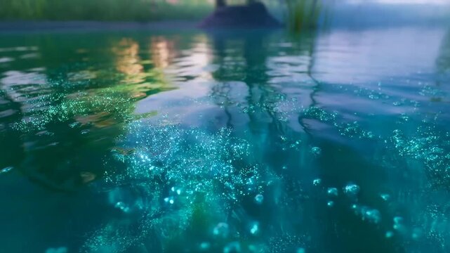 Serene turquoise exotic lake surface with glowing bubbles and soft reflections of alien flora in gentle ambient twilight light video footage