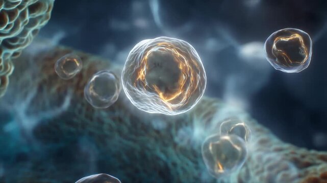 Microscopic animation of human cell mitochondrion restoring energy with glowing Coenzyme Q10 molecules in a vibrant biological environment