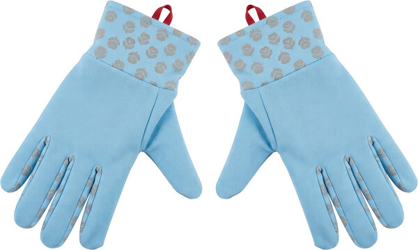 A pair of light blue garden gloves with a subtle grey floral pattern on the cuffs and finger tips featuring red hanging loops gardening protection safety transparent background