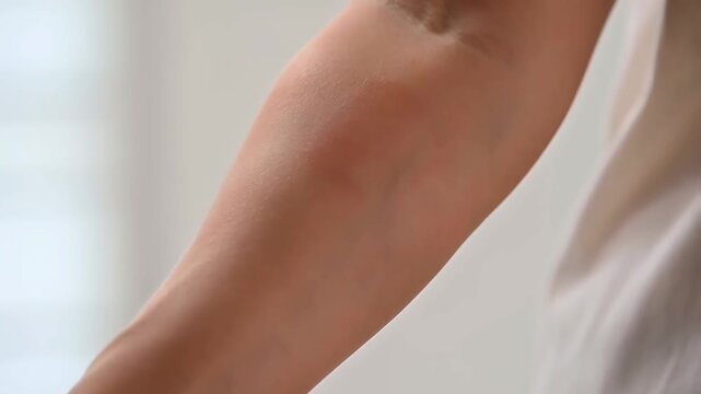 Close-up of fair-skinned forearm with smooth, healthy skin showing application and blending of creamy product for skin correction and even tone