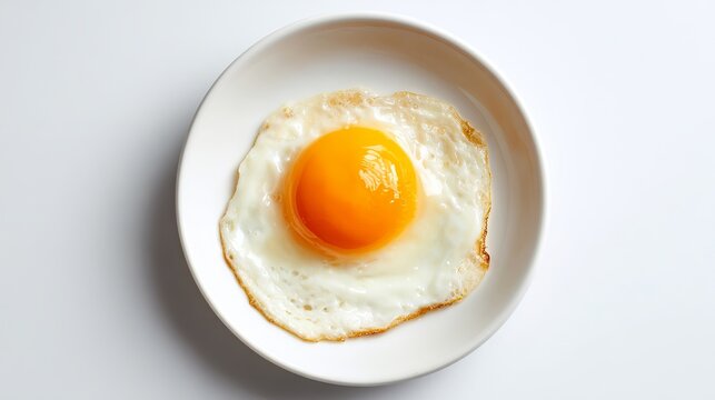 Cooked egg sits in a white dish on a plain background. You see it from above.