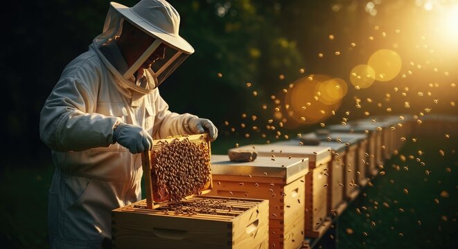 Beekeeper inspecting honeycomb in apiary at sunrise with bees swarming around beehives in a lush green environment