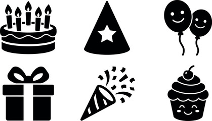 Naklejka premium Flat design party icon set cake hat balloons gift confetti cupcake smiling faces simple black silhouette vector illustration front view