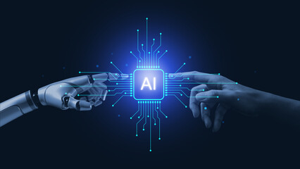 Human and robotic hand connect through glowing AI microchip interface with digital circuit lines,...