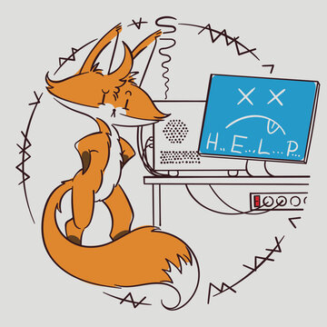 Oops, the computer's broken. Grumpy computer administrator, broken office equipment. Blue screen of death, system error. A cartoon fox drawn in a simple outline style. Vector illustration