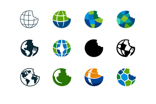 Food tasting tours. Icon set. Set Logo of Food tasting tours: globe with bite mark. harmonious logo variations of the same emblematic concept, each with