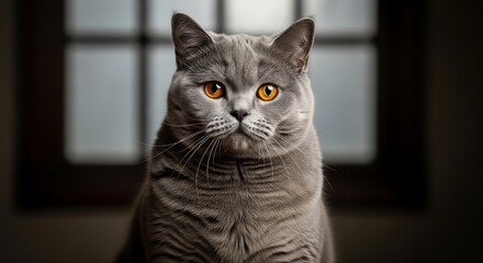Portrait of a grey cat with striking orange eyes, set against a blurred background