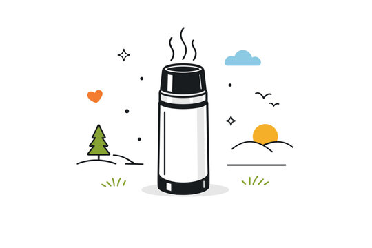 Thermos cups outdoors as a visual metaphor. A single thermos centered in open space with gentle steam and abstract elements. Symbol of warmth, pause, and
