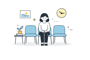 Fototapeta premium Everyday boredom realism. Scene of a waiting area with a single figure quietly sitting, hands in lap, minimal decor. Slow, patient, and uneventful moments made
