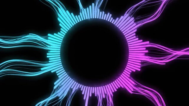 A captivating visual of a circular audio spectrum evokes sound and energy. Ideal for use in music-related content, tech presentations, or representing
