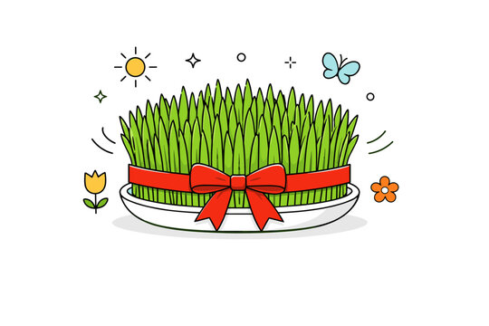 Nowruz sprouts growing process. Final stage with lush green sabzeh ready for Haft-Seen table, decorated simply with a ribbon. Sense of completion, celebration,
