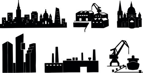 Obraz premium Flat silhouette city skyline and industrial port icons showing cathedral crane ship factory warehouse minimalist vector composition harbor buildings landmark