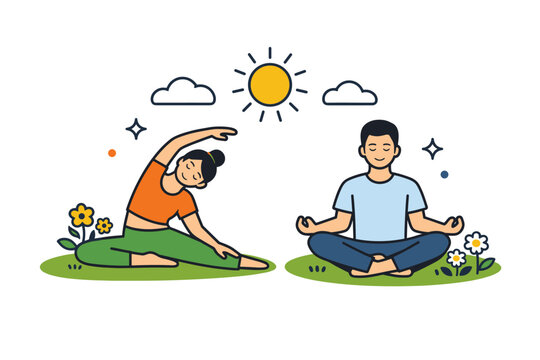 Outdoor spring activities people practicing light stretching or yoga on grass with flowers and sun elements, communicating wellness, calm focus, and seasonal