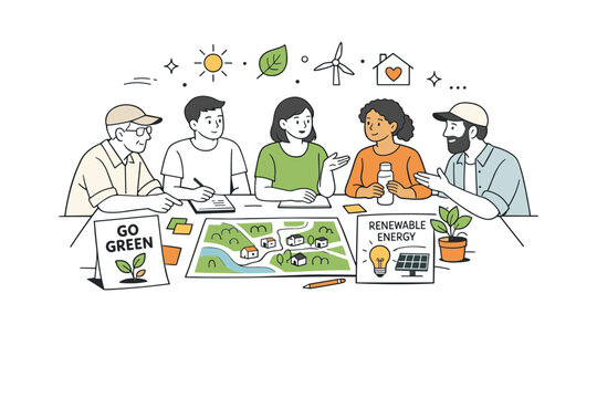 Local climate action workshops. Community members gathered around a table with posters, notebooks, and local maps discussing sustainability ideas. Calm