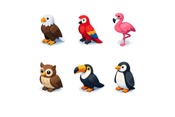 Fototapeta premium Wild birds. Isometric flat vector icons set of wild birds: eagle, parrot, flamingo, owl, toucan, penguin. Arrange all isometric objects in a ? grid ( per row,