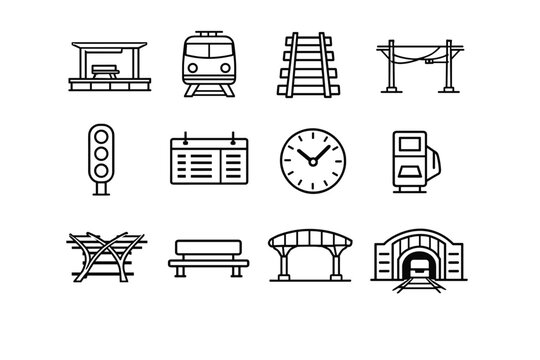 Railway transportation hubs. Line icon set of Railway transportation hubs: train platform, locomotive front, rail tracks, overhead wires, signal light,