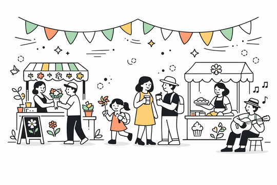 Spring festival market scene. A lively street with stalls decorated in floral motifs, paper flags above and soft abstract elements showing movement and