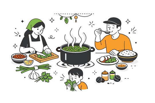 Cooking sabzi stew (khoresh sabzi). Pot of herbs simmering with soft steam lines and people tasting or preparing ingredients. Aromatic tradition, warmth and