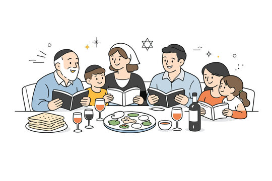 Passover family storytelling moments ? gathering around the table. A warm scene with family members sitting together at a festive table, open Haggadah books,