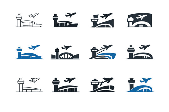 transportation hubs. Icon set. Set Logo of transportation hubs: airport terminal. harmonious logo variations of the same emblematic concept, each