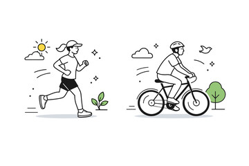 Fototapeta premium Everyday fitness activity. A runner jogs at an easy pace or a person cycles calmly, focusing on movement and wellbeing. Fresh, active atmosphere with gentle