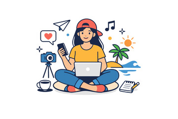 Influencer lifestyle captured in a balanced everyday moment combining leisure and work, expressing flexibility, freedom, and the blended rhythm of online