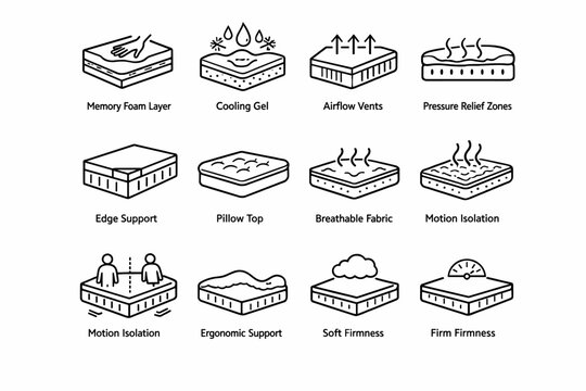 Mattress Comfort Features. Line icon set of Mattress Comfort Features: memory foam layers, cooling gel, airflow vents, pressure relief zones, edge support,