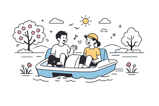 Springtime paddle boating. Two people pedaling a paddle boat together, light conversation and shared enjoyment, blooming trees and calm outdoor atmosphere.
