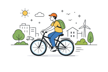 Fototapeta premium Eco-friendly transportation. A relaxed urban scene with a person riding a bicycle, simplified buildings and trees in the background. Sustainable mobility,