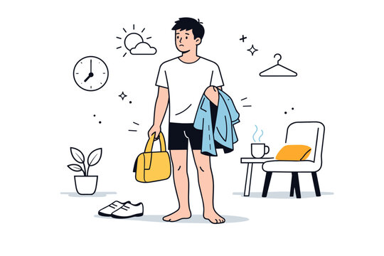 Start of day ambiguity. Figure half-dressed, holding clothes or bag, standing still in a sunlit room. Ambiguous pause between readiness and hesitation.