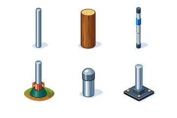Pole. Isometric flat vector icons set of Pole: vertical metal pole, wooden pole segment, telescopic pole, anchored ground pole, capped pole top, base-mounted