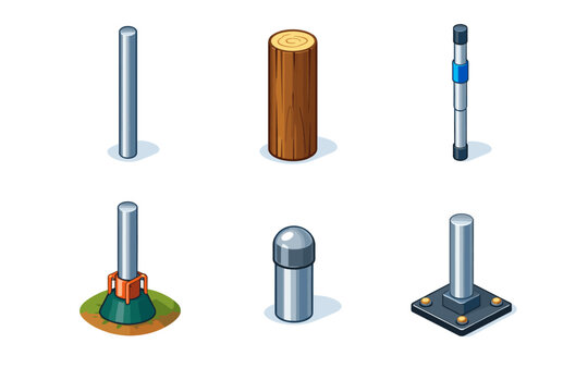 Pole. Isometric flat vector icons set of Pole: vertical metal pole, wooden pole segment, telescopic pole, anchored ground pole, capped pole top, base-mounted
