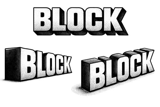 Bold sans-serif word block depicted as one solid typographic word object shown in three views: front view, side view, and three-quarter view emphasizing letter
