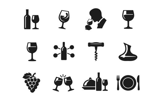 Wine Pairing. Solid icon set of wine pairing: wine bottle and glass, wine tasting swirl, sommelier aroma test, red wine glass, white wine glass, wine pairing