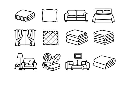 Home Textiles. Line icon set of Home Textiles: throw blanket, cushion pillow, fabric sofa, bed cover, curtain panel, textile texture, folded linens, home