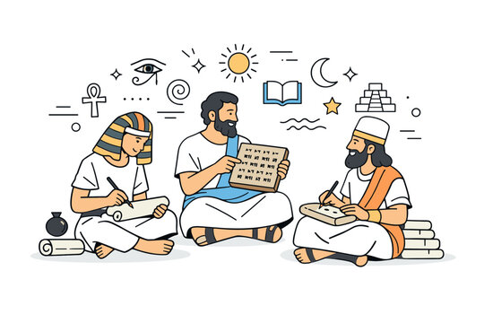 Ancient civilizations knowledge and writing. Scholars or scribes working with scrolls, tablets, or symbols, sharing knowledge calmly. Focused learning mood