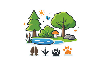 Obraz premium Forest ecosystem focused on interconnected habitats with trees, shrubs, and animal footprints arranged in a compact visual metaphor of coexistence
