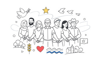 Nation identity. Diverse people standing together forming a subtle flag shape, hands connected in unity. Calm confidence and shared values expressed through