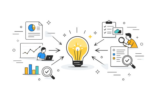 From data to insight. Simplified charts and research fragments converging toward a central idea, symbolizing analysis and understanding. Clean editorial
