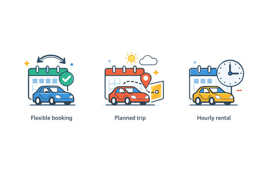 Car rental icons illustrated by a car and calendar combination, conveying flexible booking, planned trips, and time based vehicle access. Minimalist flat