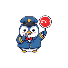 Obraz premium Cute Penguin Police Officer Holding Stop Sign Cartoon Mascot Vector Illustration Isolated