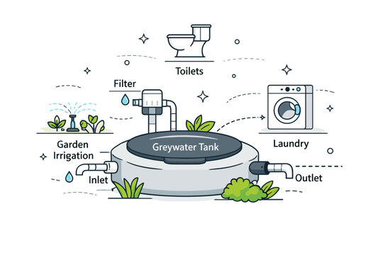 Greywater collection tank. A backyard scene with a low-profile tank collecting filtered greywater, surrounded by pipes, plants, and labels for use zones. The