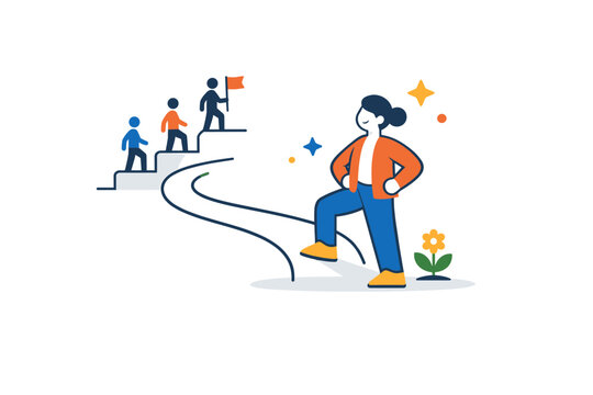 Late bloomers shown as a confident figure stepping onto a simple path later than others, conveying self-acceptance, resilience, and non-linear life journeys. A