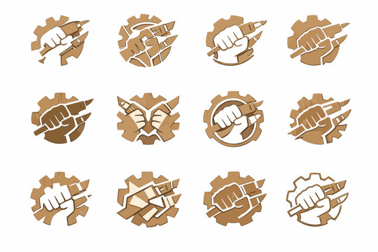 DIY props. Icon set. Set Logo of DIY props: hand-cut cardboard shape. harmonious logo variations of the same emblematic concept, each with different artistic