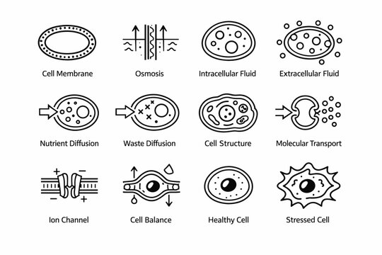 Water and Cells. Line icon set of Water and Cells: cell membrane, osmosis arrows, intracellular fluid, extracellular fluid, nutrient diffusion, waste