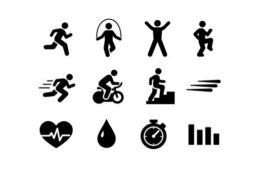 Tabata Cardio. Solid icon set of Tabata Cardio: running figure, jumping rope, jumping jacks, high knees, sprint icon, cycling exercise, stair climbing, speed