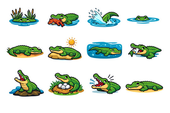 Crocodile Behavior. Colorful isometric vector icons set of crocodile behavior: ambush hunting, crocodile bite, tail splash, floating eyes, stealth movement,