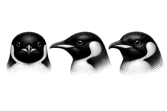 Emperor penguin head study A realistic emperor penguin head shown in three views: front view, side profile, and three-quarter view, focusing on beak shape, eye