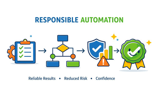 Responsible automation shown as a flowchart ending in a smiling checkmark badge. The illustration conveys dependable outcomes, reduced risk, and confidence in